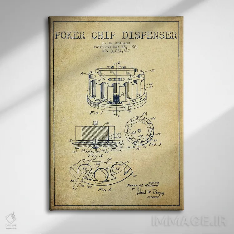 تابلو نقشهٔ ثبت اختراع ژتون پوکر ۳ (طرح قدیمی) اثر پیکسل کهنه (استودیو/نام هنری) - نمای روبهرو روی دیوار
