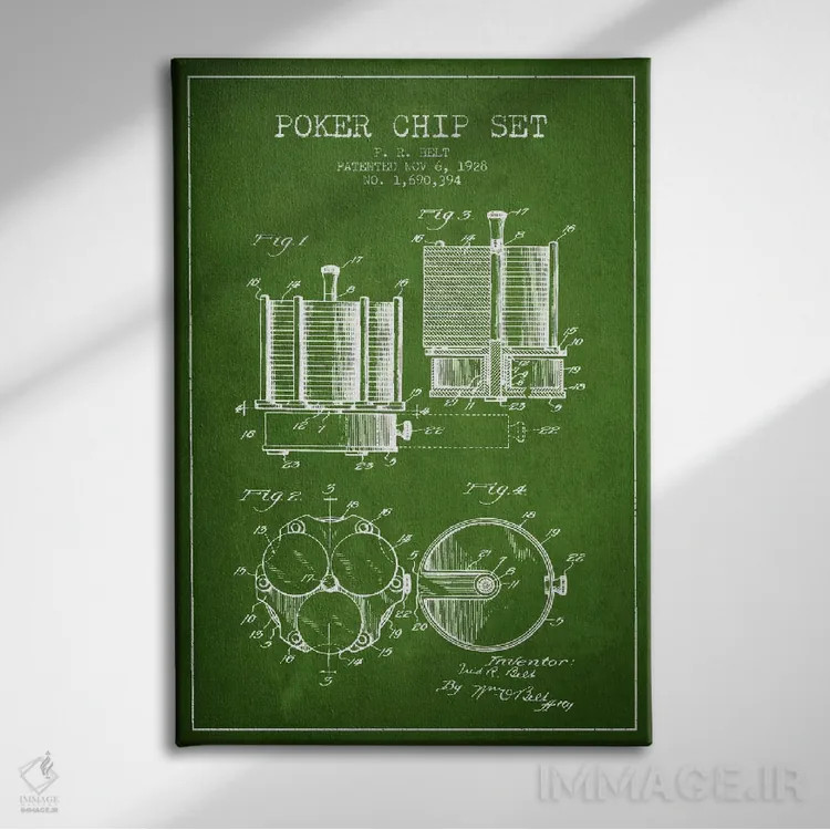 تابلو نقشهٔ ثبت اختراع ژتونهای پوکر ۱ (سبز) اثر پیکسل کهنه (استودیو/نام هنری) - نمای روبهرو روی دیوار
