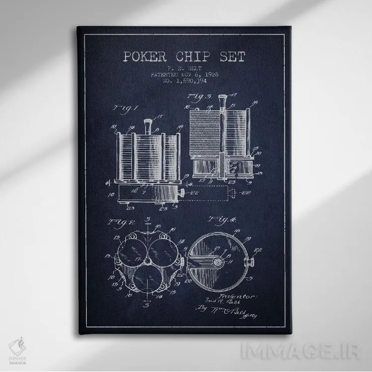 تابلو نقشهٔ ثبت اختراع ژتونهای پوکر ۱ (آبی تیره) اثر پیکسل کهنه (استودیو/نام هنری) - نمای روبهرو روی دیوار