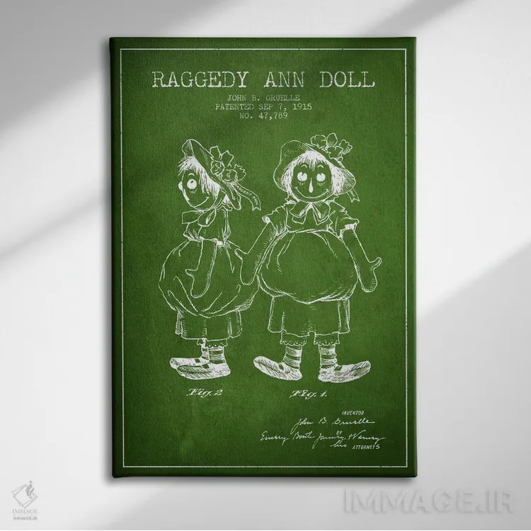 تابلو نقشهٔ ثبت اختراع عروسک رگدی آن (سبز) اثر پیکسل کهنه (استودیو/نام هنری) - نمای روبهرو روی دیوار