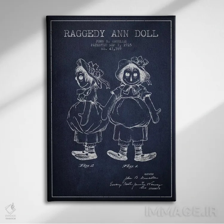 تابلو نقشهٔ ثبت اختراع عروسک رگدی آن (آبی تیره) اثر پیکسل کهنه (استودیو/نام هنری) - نمای روبهرو روی دیوار