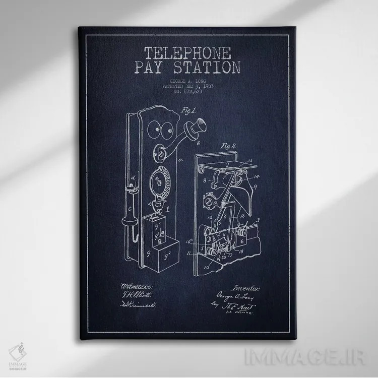 تابلو نقشهٔ ثبت اختراع تلفن بلند (آبی) اثر پیکسل کهنه (استودیو/نام هنری) - نمای روبهرو روی دیوار