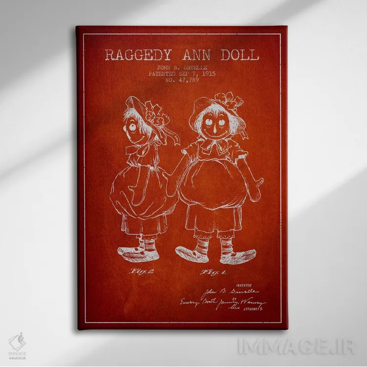 تابلو نقشهٔ ثبت اختراع عروسک رگدی آن (قرمز) اثر پیکسل کهنه (استودیو/نام هنری) - نمای روبهرو روی دیوار