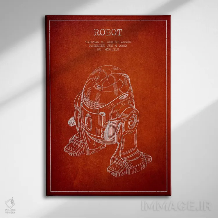 تابلو نقشهٔ ثبت اختراع ربات قرمز اثر پیکسل کهنه (استودیو/نام هنری) - نمای روبهرو روی دیوار