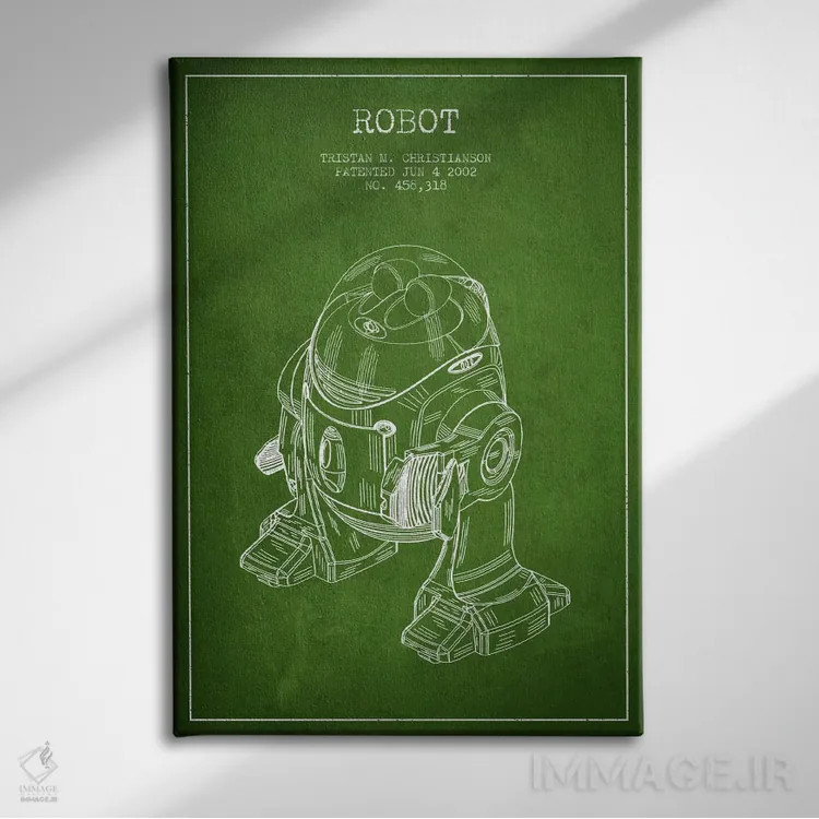 تابلو نقشهٔ ثبت اختراع ربات (سبز) اثر پیکسل کهنه (استودیو/نام هنری) - نمای روبهرو روی دیوار