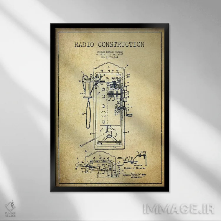 تابلو نقشهٔ ثبت اختراع رادیوی باورس (طرح قدیمی) اثر پیکسل کهنه (استودیو/نام هنری) - نمای قابدار مشکی