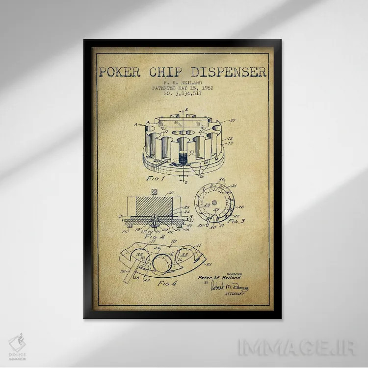 تابلو نقشهٔ ثبت اختراع ژتون پوکر ۳ (طرح قدیمی) اثر پیکسل کهنه (استودیو/نام هنری) - نمای قابدار مشکی