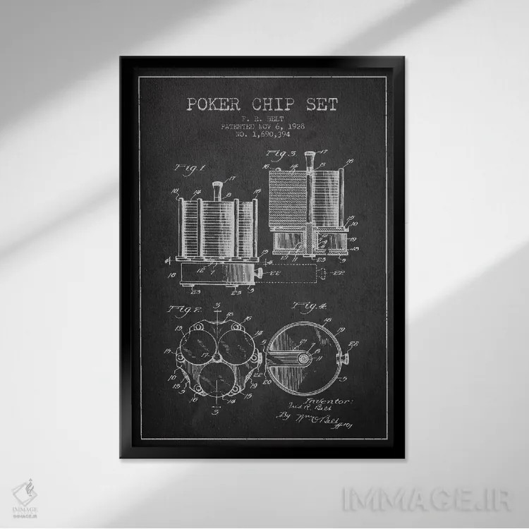 تابلو نقشهٔ ثبت اختراع ژتونهای پوکر ۱ (زغالی) اثر پیکسل کهنه (استودیو/نام هنری) - نمای قابدار مشکی