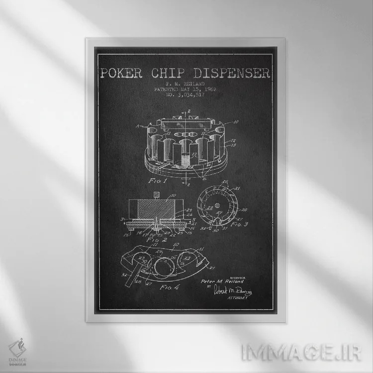 تابلو نقشهٔ ثبت اختراع ژتون پوکر ۳ (زغالی) اثر پیکسل کهنه (استودیو/نام هنری) - نمای قابدار سفید