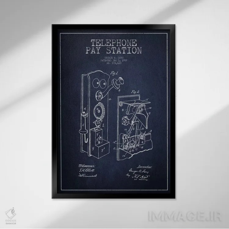 تابلو نقشهٔ ثبت اختراع تلفن بلند (آبی) اثر پیکسل کهنه (استودیو/نام هنری) - نمای قابدار مشکی