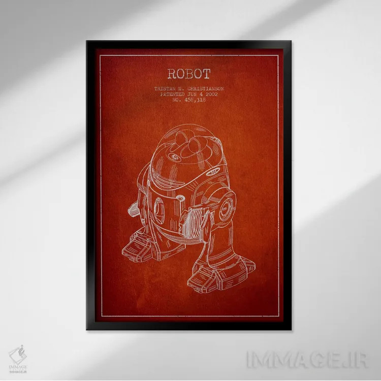 تابلو نقشهٔ ثبت اختراع ربات قرمز اثر پیکسل کهنه (استودیو/نام هنری) - نمای قابدار مشکی