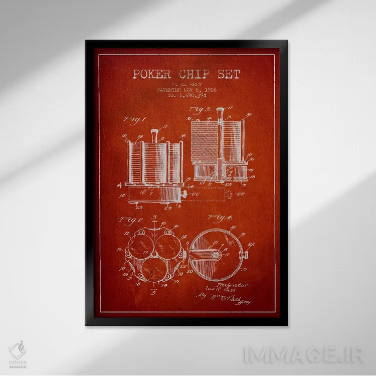 تابلو نقشهٔ ثبت اختراع ژتونهای پوکر ۱ (قرمز) اثر پیکسل کهنه (استودیو/نام هنری) - نمای قابدار مشکی