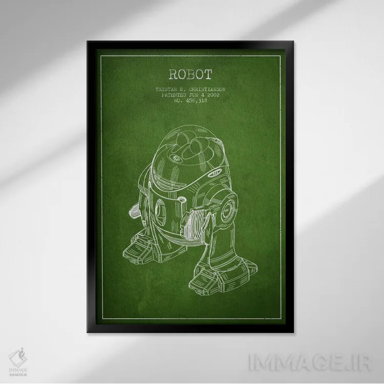 تابلو نقشهٔ ثبت اختراع ربات (سبز) اثر پیکسل کهنه (استودیو/نام هنری) - نمای قابدار مشکی