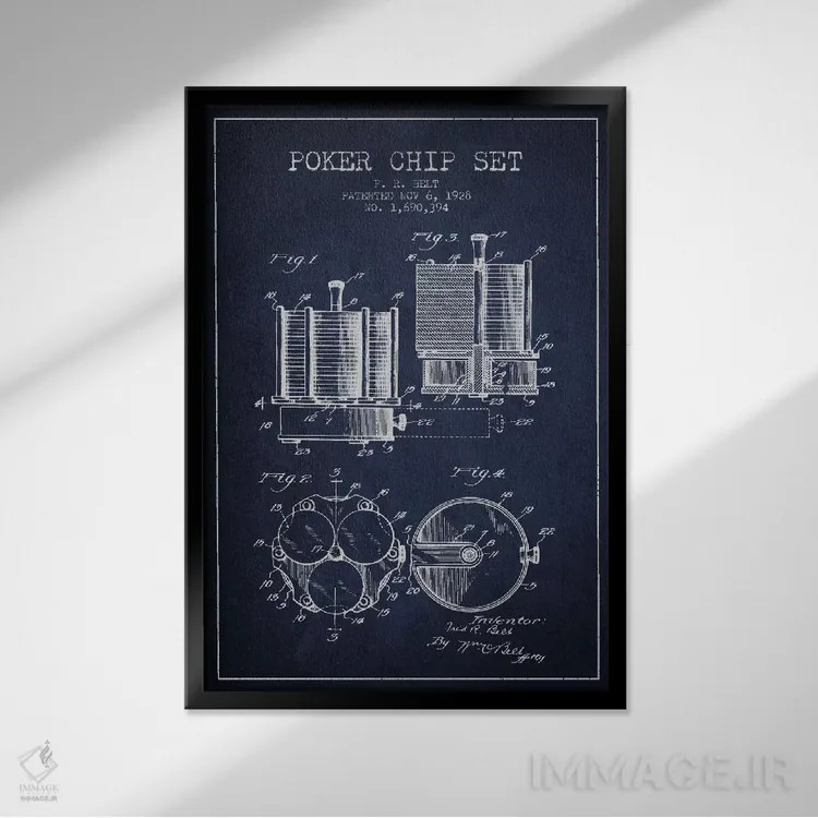 تابلو نقشهٔ ثبت اختراع ژتونهای پوکر ۱ (آبی تیره) اثر پیکسل کهنه (استودیو/نام هنری) - نمای قابدار مشکی