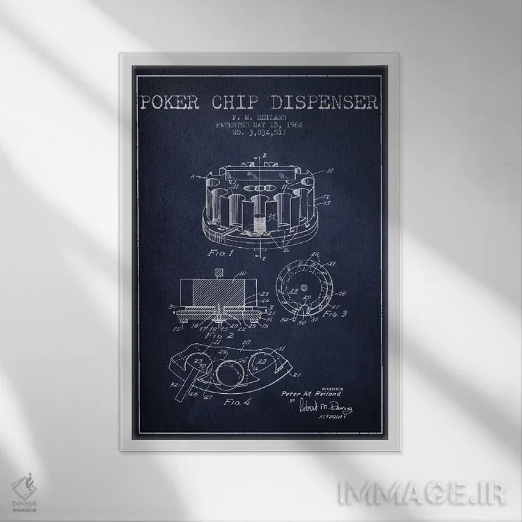 تابلو نقشهٔ ثبت اختراع ژتون پوکر ۳ (آبی تیره) اثر پیکسل کهنه (استودیو/نام هنری) - نمای قابدار سفید