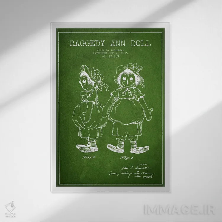 تابلو نقشهٔ ثبت اختراع عروسک رگدی آن (سبز) اثر پیکسل کهنه (استودیو/نام هنری) - نمای قابدار سفید