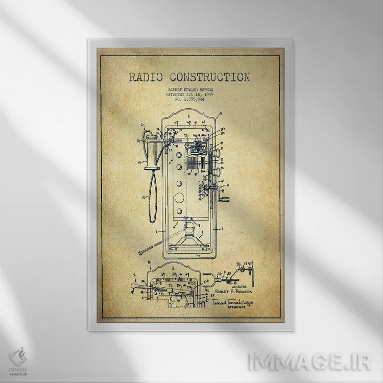تابلو نقشهٔ ثبت اختراع رادیوی باورس (طرح قدیمی) اثر پیکسل کهنه (استودیو/نام هنری) - نمای قابدار سفید