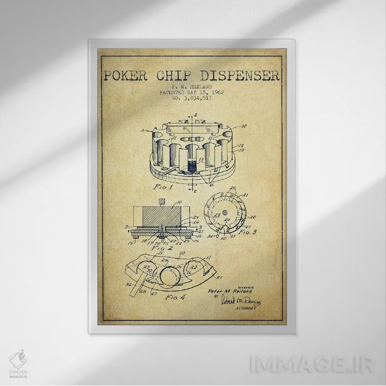 تابلو نقشهٔ ثبت اختراع ژتون پوکر ۳ (طرح قدیمی) اثر پیکسل کهنه (استودیو/نام هنری) - نمای قابدار سفید