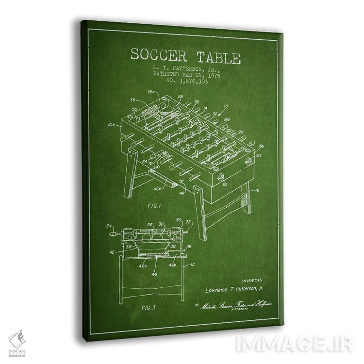 تابلو نقشهٔ ثبت اختراع فوتبال دستی سبز اثر پیکسل کهنه (استودیو/نام هنری) - نمای پرسپکتیو محصول