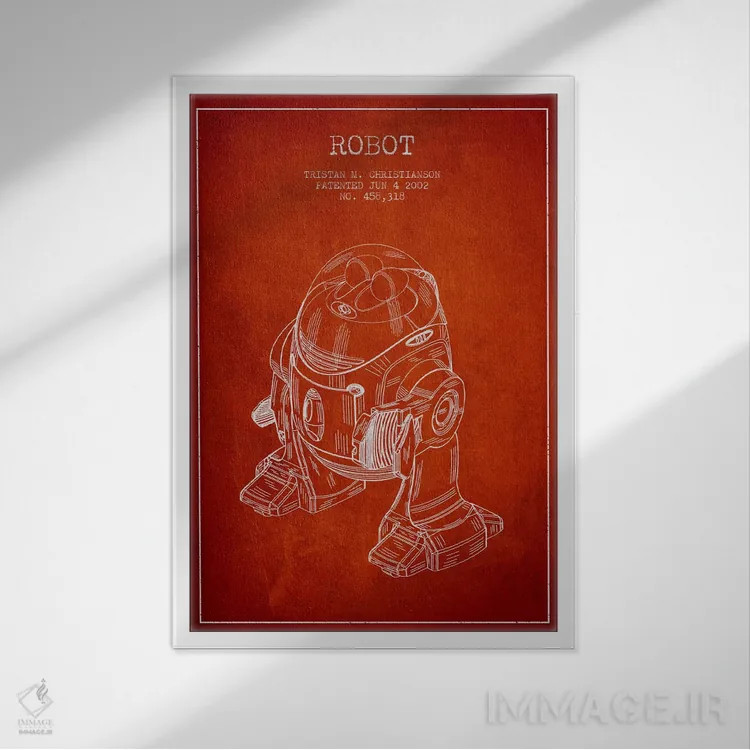 تابلو نقشهٔ ثبت اختراع ربات قرمز اثر پیکسل کهنه (استودیو/نام هنری) - نمای قابدار سفید
