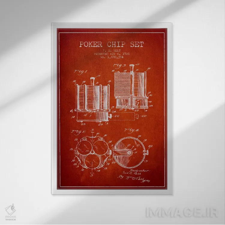 تابلو نقشهٔ ثبت اختراع ژتونهای پوکر ۱ (قرمز) اثر پیکسل کهنه (استودیو/نام هنری) - نمای قابدار سفید