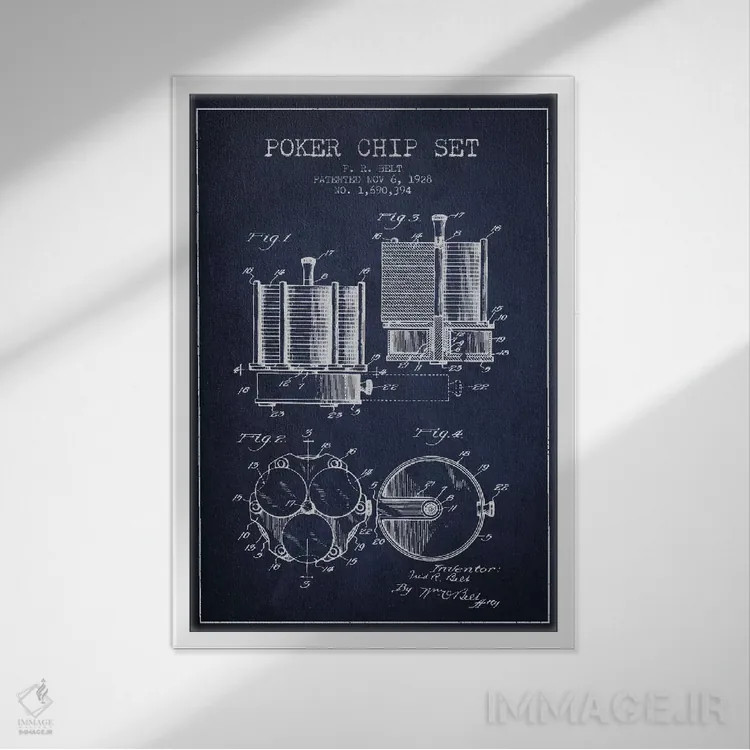 تابلو نقشهٔ ثبت اختراع ژتونهای پوکر ۱ (آبی تیره) اثر پیکسل کهنه (استودیو/نام هنری) - نمای قابدار سفید