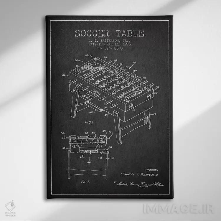 تابلو نقشهٔ ثبت اختراع فوتبال دستی خاکستری اثر پیکسل کهنه (استودیو/نام هنری) - نمای روبهرو روی دیوار