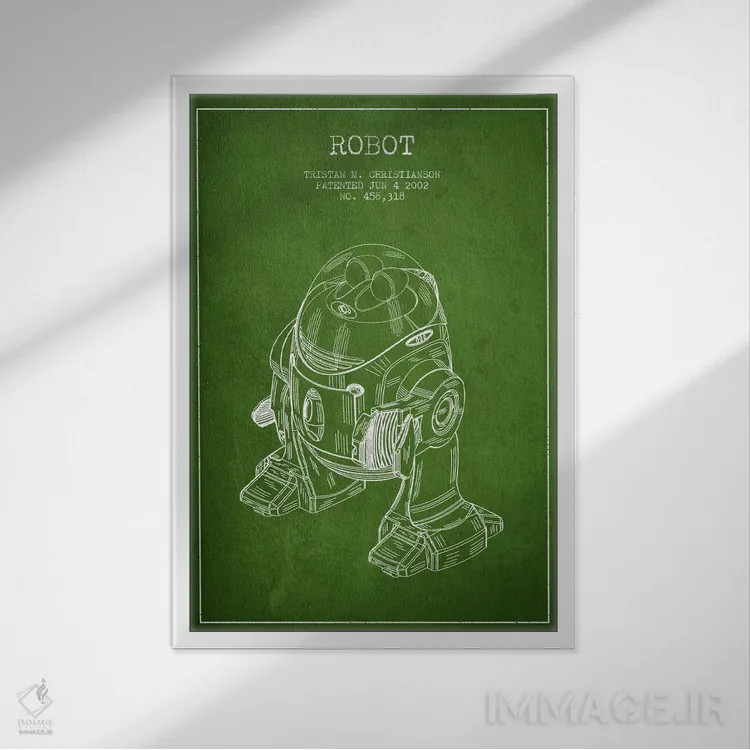 تابلو نقشهٔ ثبت اختراع ربات (سبز) اثر پیکسل کهنه (استودیو/نام هنری) - نمای قابدار سفید