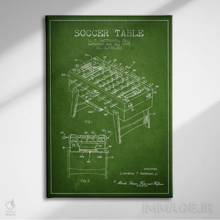 تابلو نقشهٔ ثبت اختراع فوتبال دستی سبز اثر پیکسل کهنه (استودیو/نام هنری) - نمای روبهرو روی دیوار