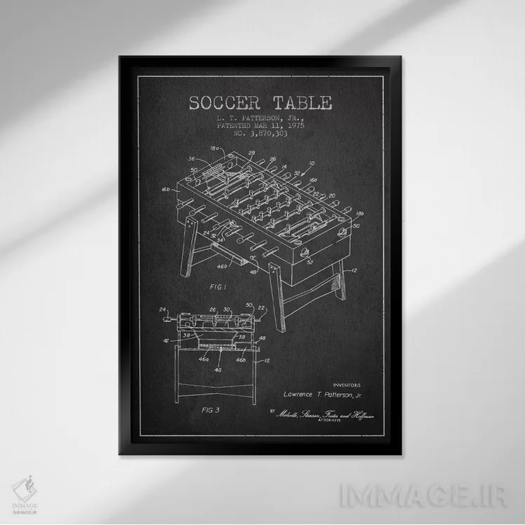 تابلو نقشهٔ ثبت اختراع فوتبال دستی خاکستری اثر پیکسل کهنه (استودیو/نام هنری) - نمای قابدار مشکی