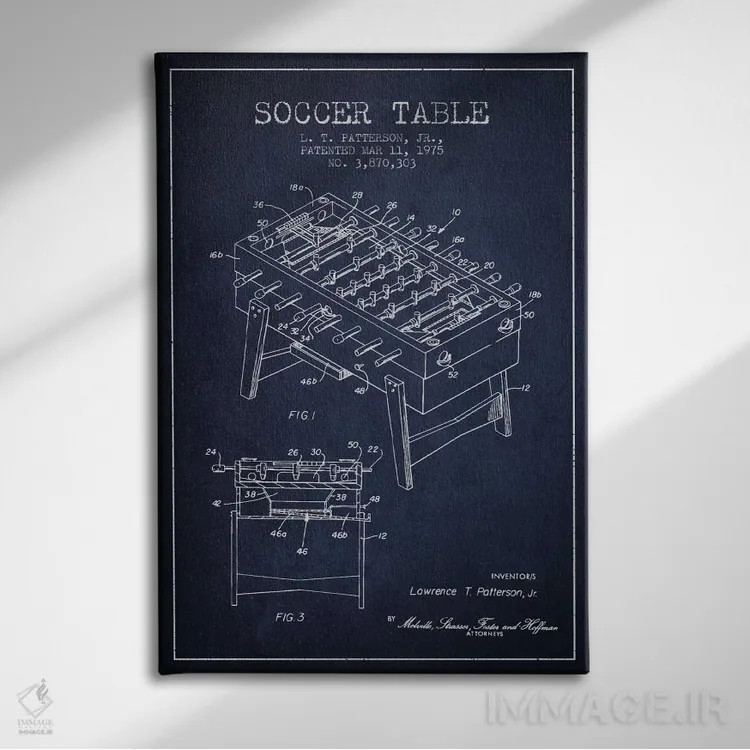 تابلو نقشهٔ ثبت اختراع فوتبال دستی آبی نفتی اثر پیکسل کهنه (استودیو/نام هنری) - نمای روبهرو روی دیوار