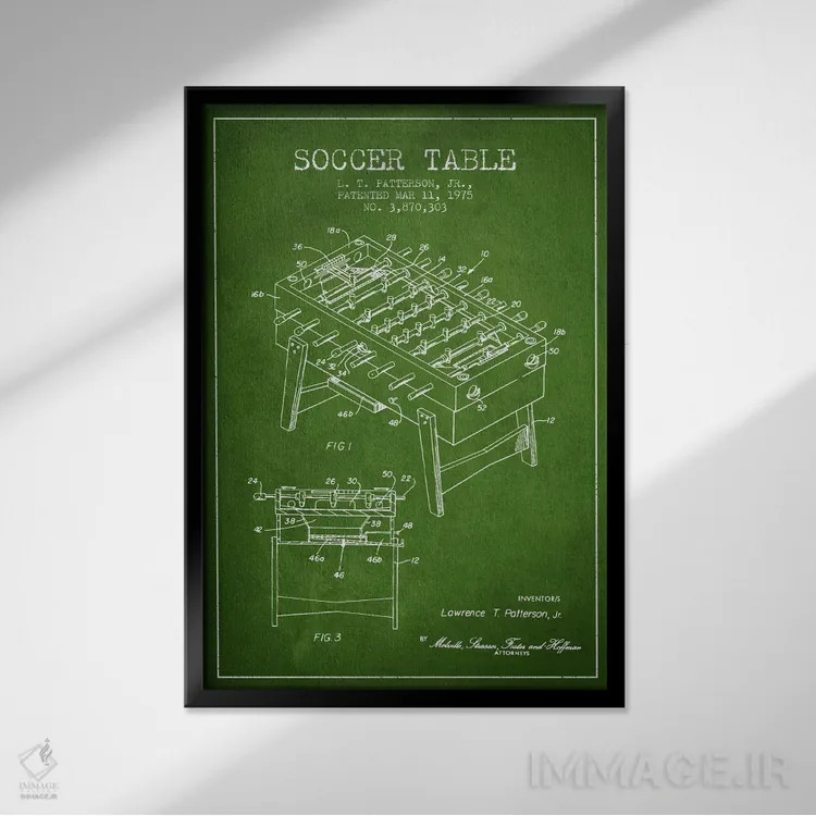 تابلو نقشهٔ ثبت اختراع فوتبال دستی سبز اثر پیکسل کهنه (استودیو/نام هنری) - نمای قابدار مشکی