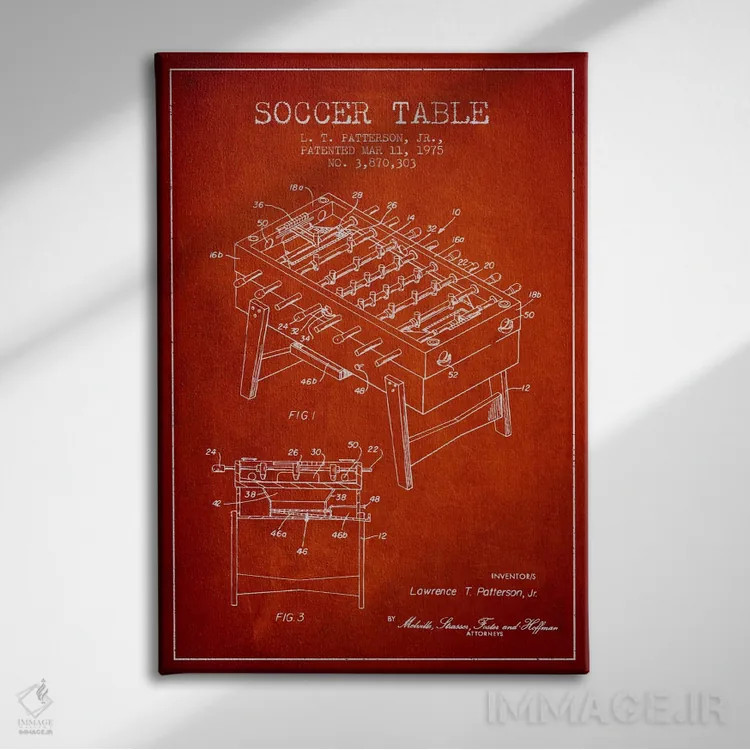 تابلو نقشهٔ ثبت اختراع فوتبال دستی قرمز اثر پیکسل کهنه (استودیو/نام هنری) - نمای روبهرو روی دیوار