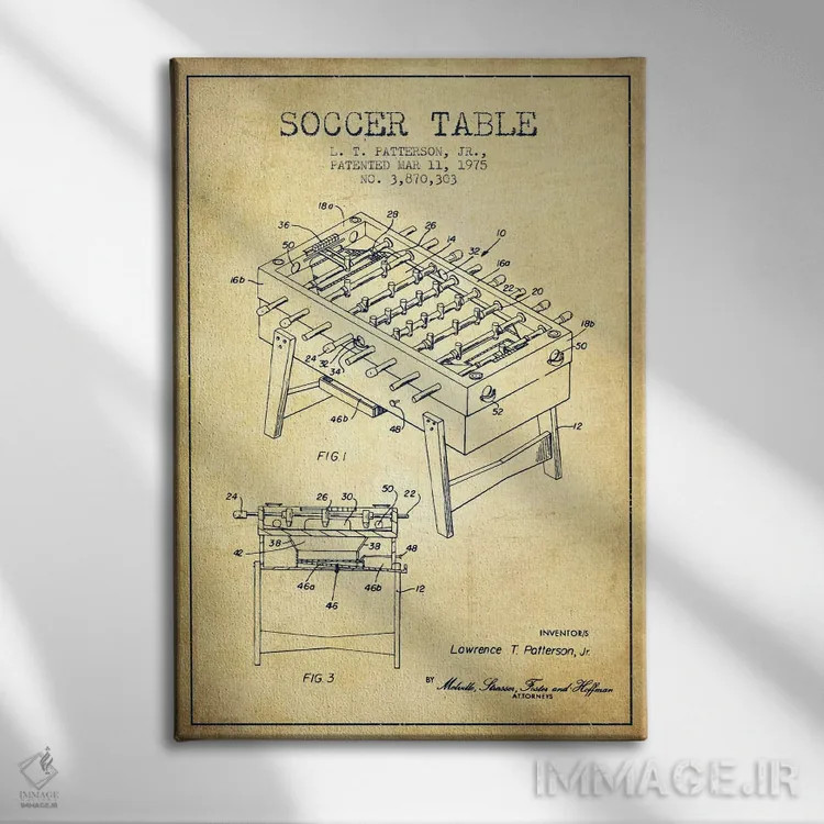 تابلو نقشهٔ ثبت اختراع فوتبال دستی (طرح کلاسیک) اثر پیکسل کهنه (استودیو/نام هنری) - نمای روبهرو روی دیوار