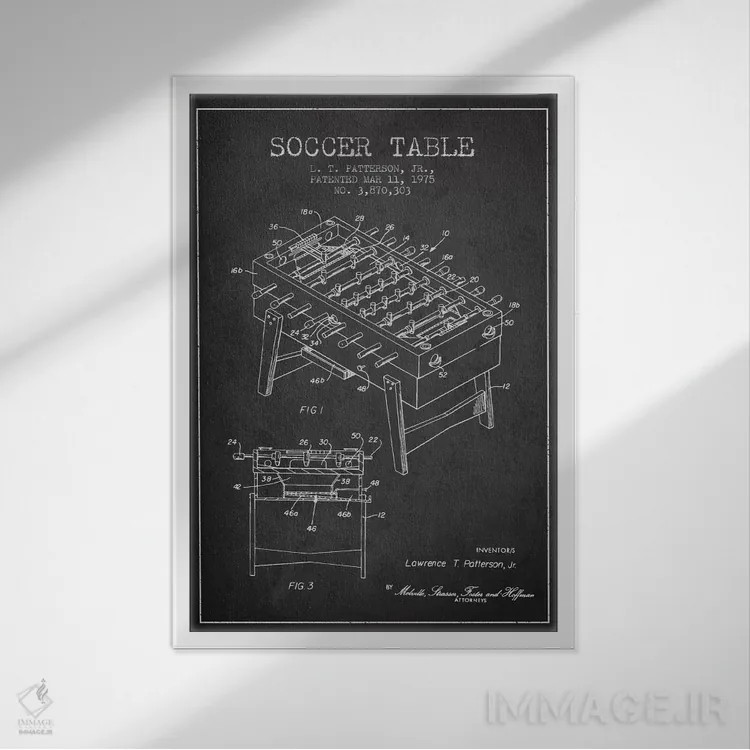 تابلو نقشهٔ ثبت اختراع فوتبال دستی خاکستری اثر پیکسل کهنه (استودیو/نام هنری) - نمای قابدار سفید