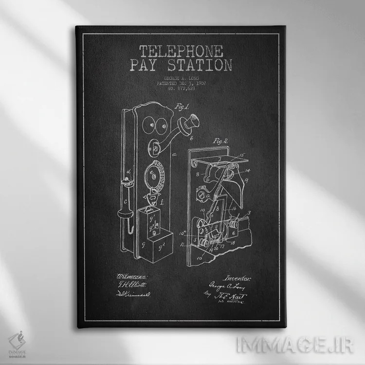 تابلو نقشهٔ ثبت اختراع تلفن بلند تیره اثر پیکسل کهنه (استودیو/نام هنری) - نمای روبهرو روی دیوار