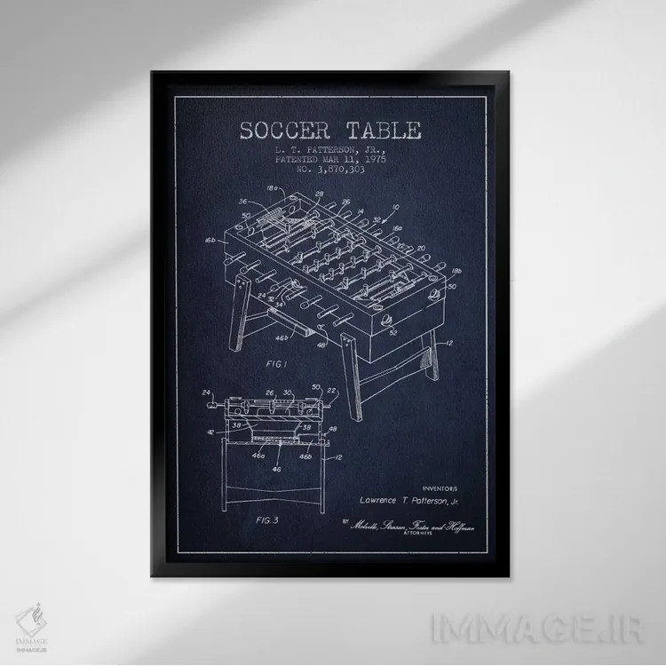 تابلو نقشهٔ ثبت اختراع فوتبال دستی آبی نفتی اثر پیکسل کهنه (استودیو/نام هنری) - نمای قابدار مشکی