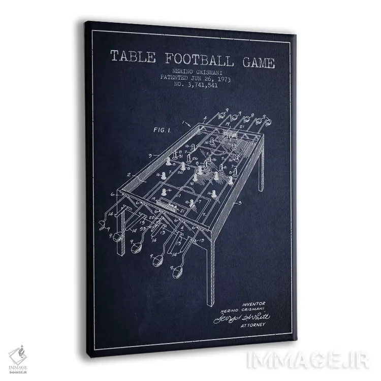 تابلو نقشهٔ ثبت اختراع فوتبال رومیزی ۲ آبی نفتی اثر پیکسل کهنه (استودیو/نام هنری) - نمای پرسپکتیو محصول