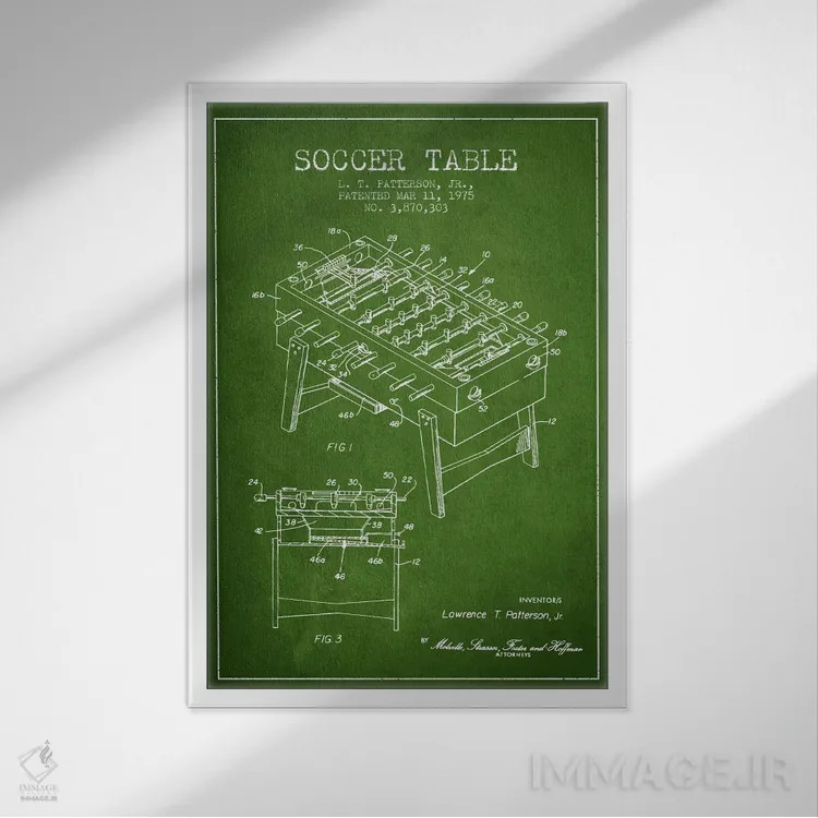 تابلو نقشهٔ ثبت اختراع فوتبال دستی سبز اثر پیکسل کهنه (استودیو/نام هنری) - نمای قابدار سفید