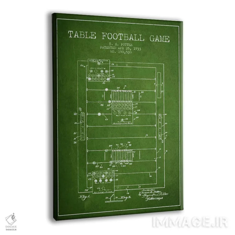 تابلو نقشهٔ ثبت اختراع فوتبال رومیزی سبز اثر پیکسل کهنه (استودیو/نام هنری) - نمای پرسپکتیو محصول