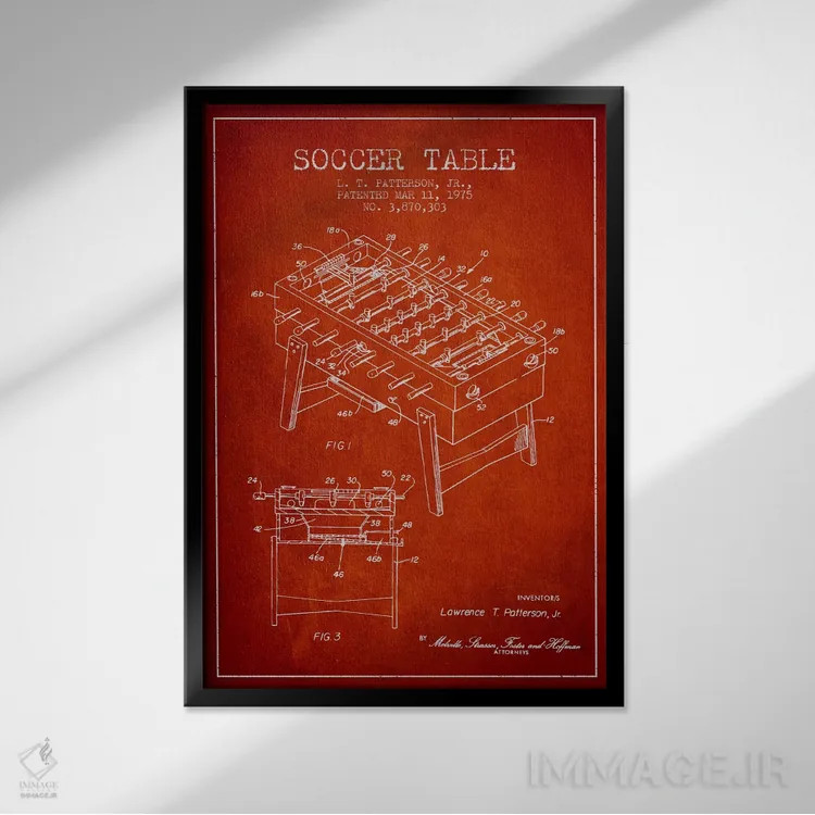 تابلو نقشهٔ ثبت اختراع فوتبال دستی قرمز اثر پیکسل کهنه (استودیو/نام هنری) - نمای قابدار مشکی