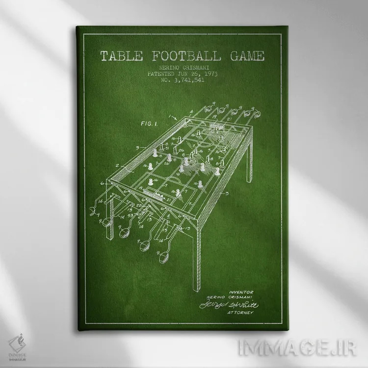 تابلو نقشهٔ ثبت اختراع فوتبال رومیزی ۲ سبز اثر پیکسل کهنه (استودیو/نام هنری) - نمای روبهرو روی دیوار