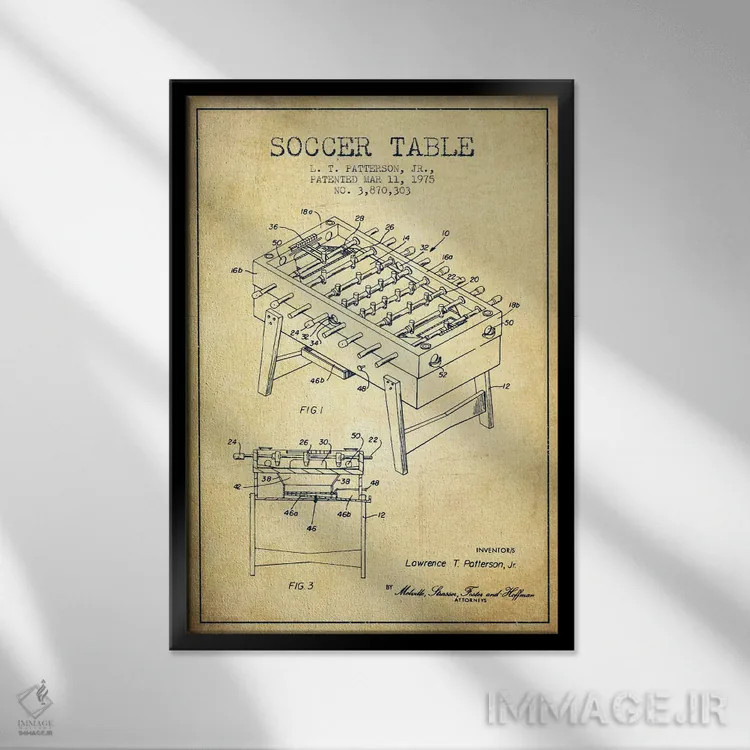 تابلو نقشهٔ ثبت اختراع فوتبال دستی (طرح کلاسیک) اثر پیکسل کهنه (استودیو/نام هنری) - نمای قابدار مشکی