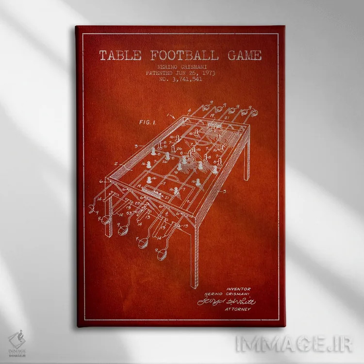 تابلو نقشهٔ ثبت اختراع فوتبال رومیزی ۲ قرمز اثر پیکسل کهنه (استودیو/نام هنری) - نمای روبهرو روی دیوار