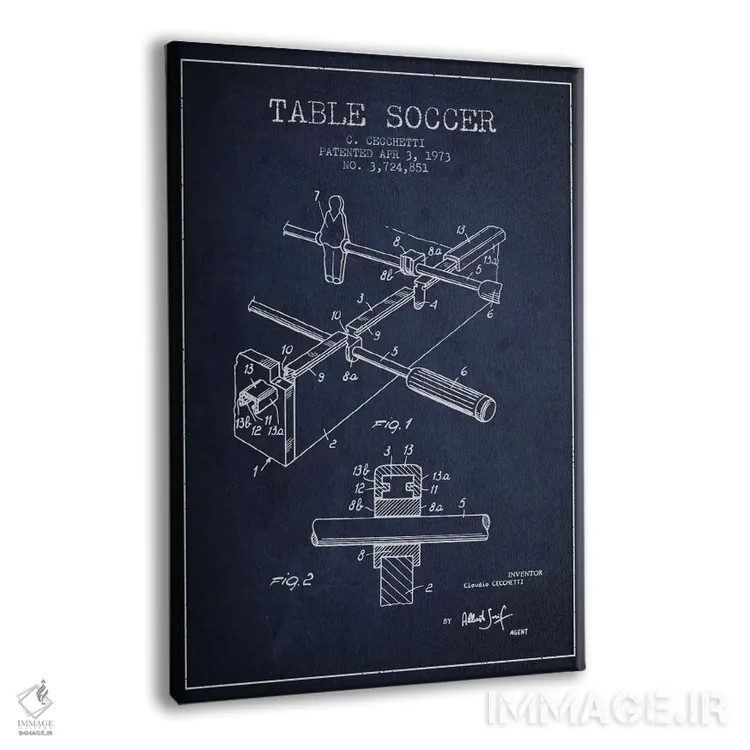 تابلو نقشهٔ ثبت اختراع فوتبال دستی (آبی نفتی) اثر پیکسل کهنه (استودیو/نام هنری) - نمای پرسپکتیو محصول