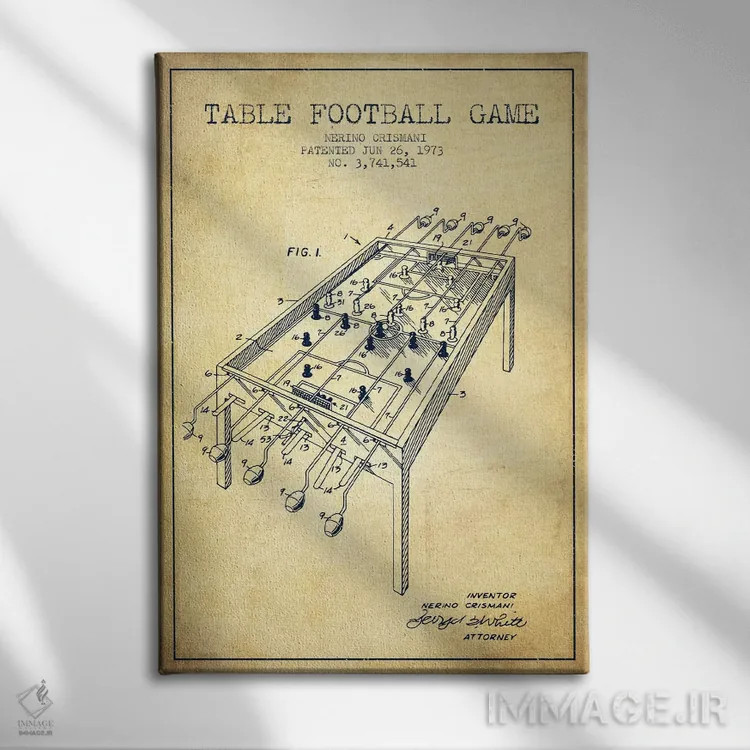 تابلو نقشهٔ ثبت اختراع فوتبال رومیزی ۲ (طرح کلاسیک) اثر پیکسل کهنه (استودیو/نام هنری) - نمای روبهرو روی دیوار