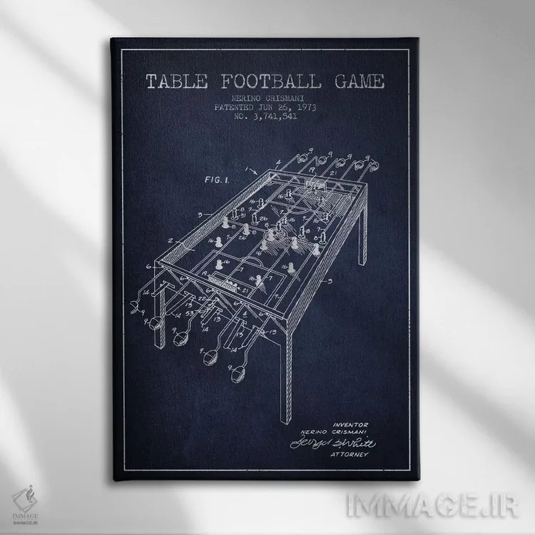 تابلو نقشهٔ ثبت اختراع فوتبال رومیزی ۲ آبی نفتی اثر پیکسل کهنه (استودیو/نام هنری) - نمای روبهرو روی دیوار