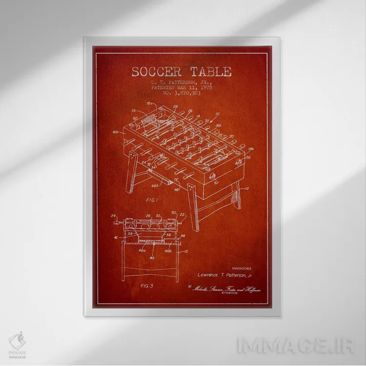 تابلو نقشهٔ ثبت اختراع فوتبال دستی قرمز اثر پیکسل کهنه (استودیو/نام هنری) - نمای قابدار سفید