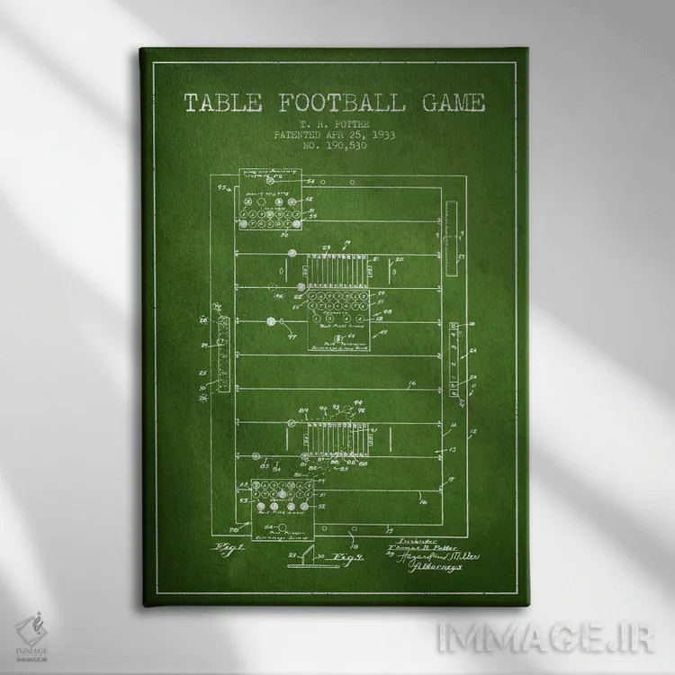 تابلو نقشهٔ ثبت اختراع فوتبال رومیزی سبز اثر پیکسل کهنه (استودیو/نام هنری) - نمای روبهرو روی دیوار