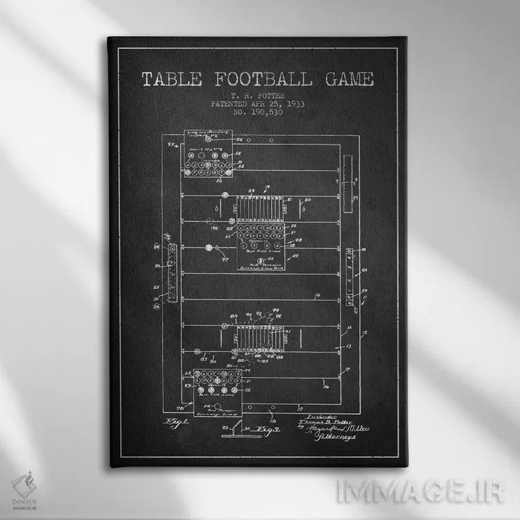 تابلو نقشهٔ ثبت اختراع فوتبال رومیزی خاکستری اثر پیکسل کهنه (استودیو/نام هنری) - نمای روبهرو روی دیوار